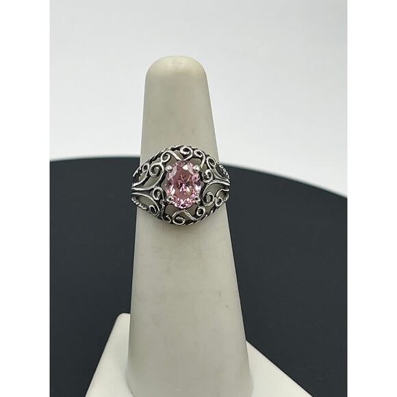 Sterling Silver Vintage Filigree Simulated Pink Sapphire Solitaire Ring 5.25 - Picture 4 of 14